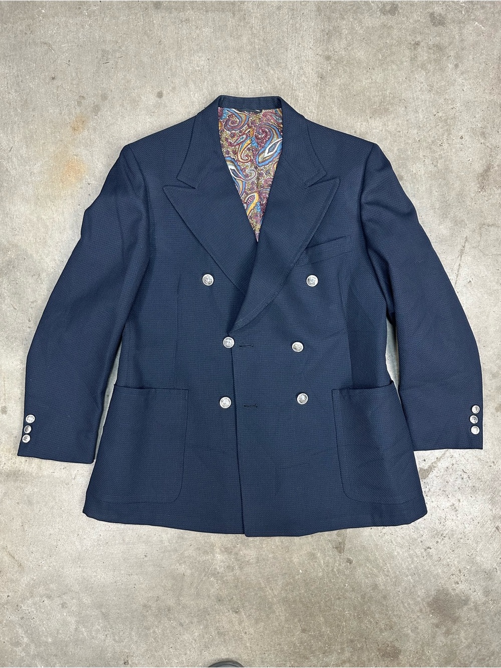 Men's 70’s Double-Breasted Woven Navy Blazer with Paisley Lining
